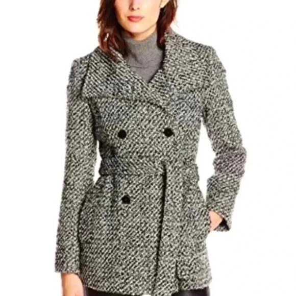 Sebby Heathered Gray Button Down Tie Waist Wool Blend Pea Coat Size L - Picture 1 of 16